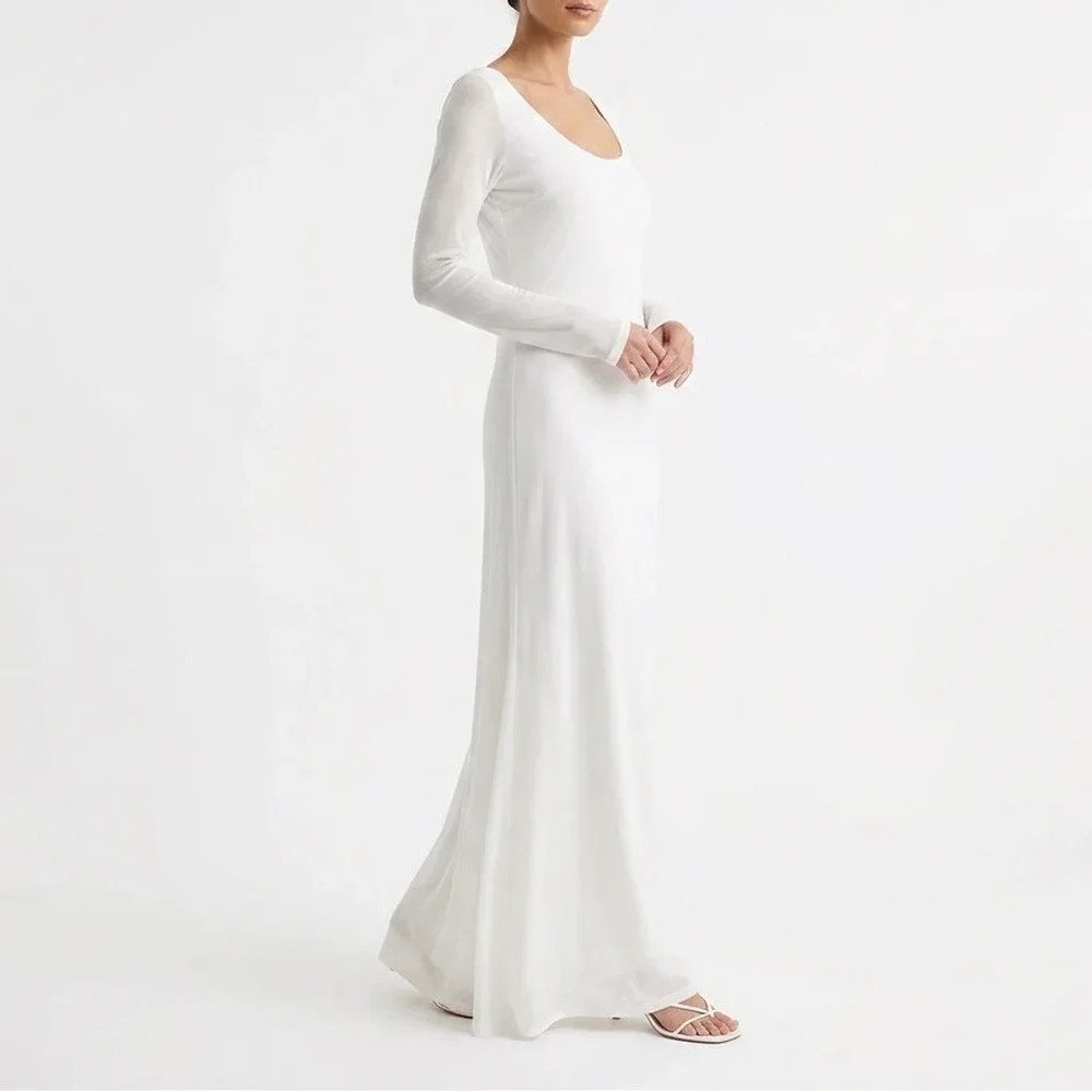Popilush White Built-In Shapewear Mesh Maxi Dress Long Sleeve V-Neck 3XL NEW